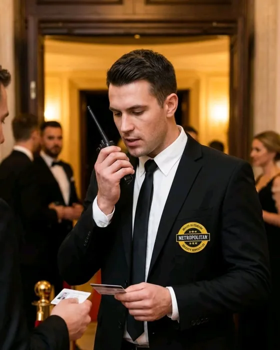 A Metropolitan Security officer managing guest entry at an event